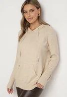 Swetry damskie - Beżowy Sweter z Kapturem i Kieszenią z Domieszką Kaszmiru Neriele - miniaturka - grafika 1