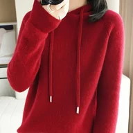 Swetry damskie - TEMU Sweter Damski na Jesieﾅ� i Zimﾄ� z Kapturem 窶� ﾅ嗷edniej Gruboﾅ嫩i, DﾅＶgi Rﾄ冖aw, Regulowany Sznurek w Kapturze, Jednokolorowy Design , Pranie - miniaturka - grafika 1