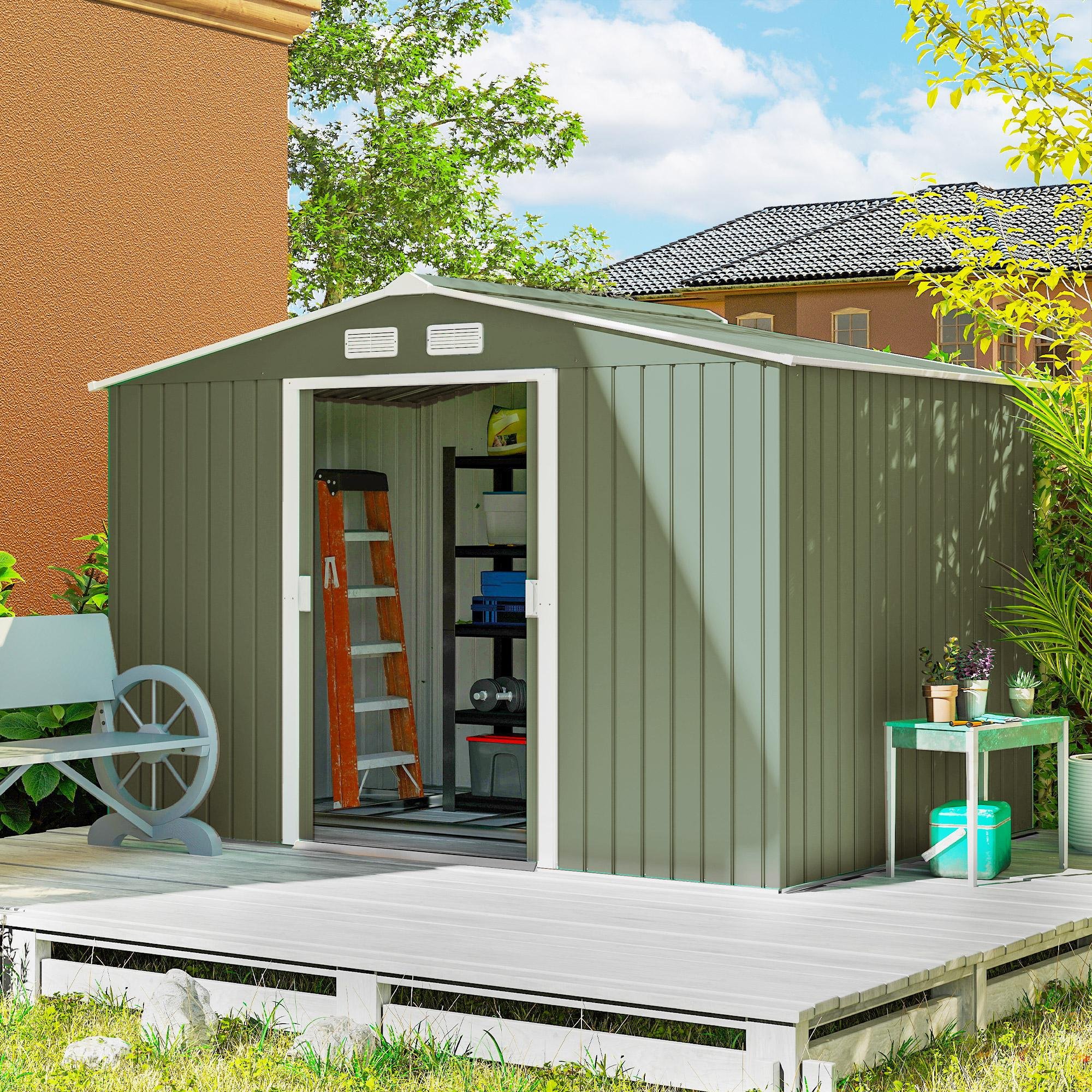 Domek ogrodowy Outsunny 4,9 m², z dachem dwuspadowym, drzwiami przesuwnymi, fundamentem, 277 x 195 x 192 cm, ocynkowany stalowy domek narzędziowy, odporny na warunki atmosferyczne, do ogrodu, jasnozielony