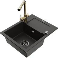 Zlewozmywaki z baterią - Mexen Enzo zlewozmywak granitowy 1-komorowy z ociekaczem i baterią kuchenną Duero, czarny/złoty metalik - miniaturka - grafika 1