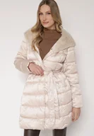 Kurtki damskie - Beżowa Długa Kurtka Ozdobiona Pikowaniem z Nieodpinanym Kapturem i Paskiem Lidaveia - miniaturka - grafika 1