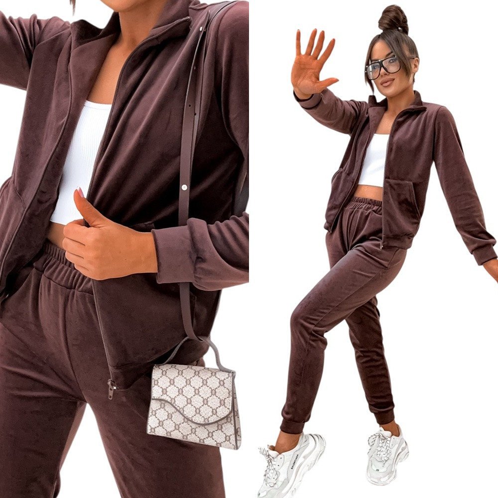 Damski Dres Komplet welurowy bez kaptura 771 [Kolor Brązowy, Rozmiar L/XL]