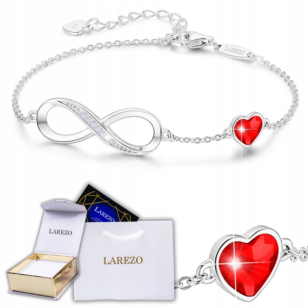 Srebrna Bransoletka z Nieskończonością Czerwone Serce Kryształy SREBRO 925