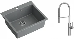 Quadron Zlewozmywak granitowy jednokomorowy 57*50*22 cm MORGAN 110 SILVER STONE ze stalowym odpływem z baterią MARILYN Q LINE z ruchomą wylewką kolor stal szczotkowana - Zlewozmywaki z baterią - miniaturka - grafika 1