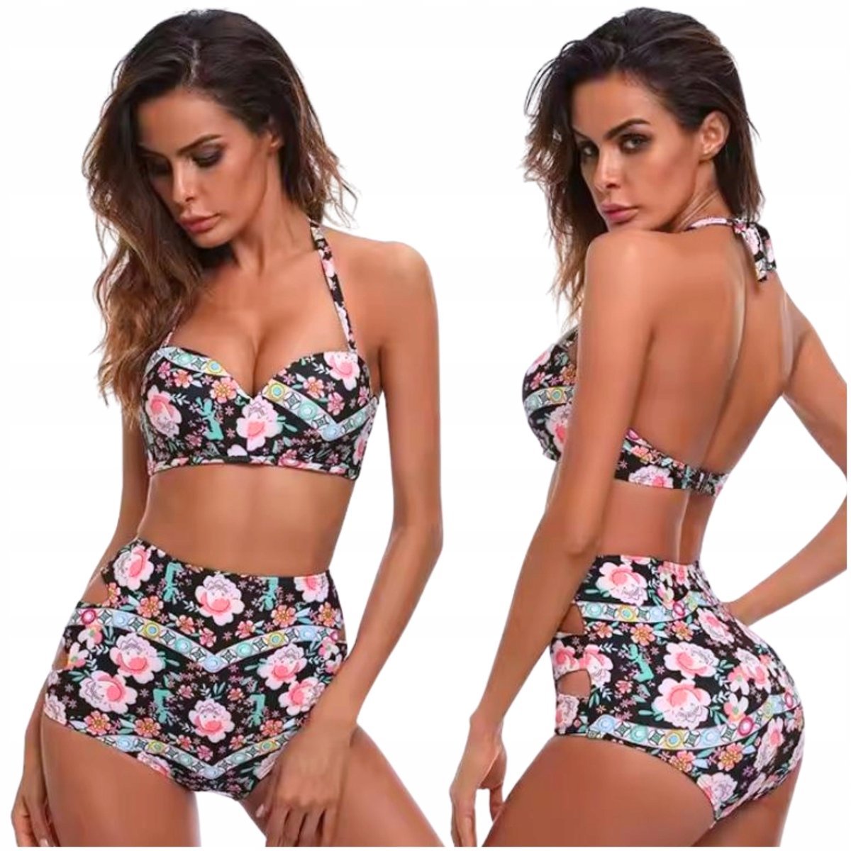 Strój kąpielowy dwuczęściowy bikini wysoki stan modelujący kwiaty komplet S