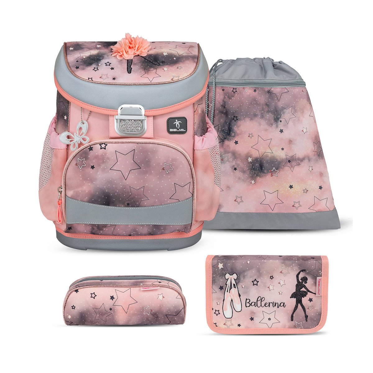 Ergonomiczny zestaw szkolny Belmil Mini-Fit „Rose Ballet” dla dziewczynek – 4 części