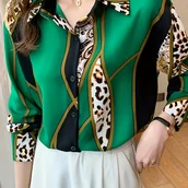 Koszule damskie - TEMU ELEGANCKA KOSZULA W FRANCUSKIM STYLU Z LEOPARDOWYM WZOREM I KOLOROWYMI BLOKAMI, 100% POLIESTER, ROZCIĄGLIWY KOLAR, NA CODZIENNOŚĆ I FORMALNE - miniaturka - grafika 1