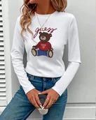 Bluzki damskie - Koszulka bluzka damska Guess z długim rękawem biała longsleeve print miś XS - miniaturka - grafika 1