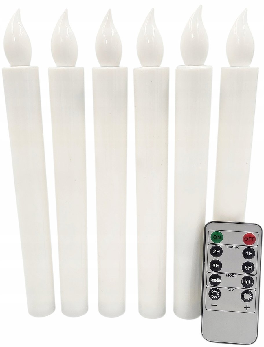 Świece LED timer pilot na baterie zestaw 6 szt białe świeczki 22,5 x 2,2 cm