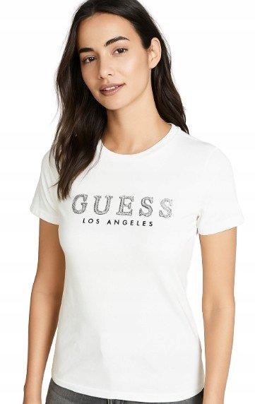 GUESS BIAŁY T-SHIRT DAMSKI Z BAWEŁNY Z NAPISAMI Z CEKINÓW M GNA