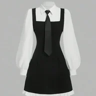 Sukienki - TEMU Damska Elegancka Sukienka z Długim Rękawem w Kształcie Litery A z Kontrastowym Wykończeniem i Wiązaniem w Talii - Czarno-Biała Dwukolorowa, - miniaturka - grafika 1