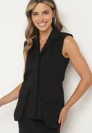 Kamizelki damskie - Czarna Elegancka Kamizelka z Bawełną Zapinana na Guzik z Wsuwanymi Kieszeniami Tiamaella - miniaturka - grafika 1