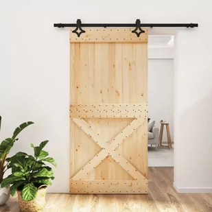 vidaXL Drzwi przesuwne z osprzętem, 100x210 cm, lite drewno sosnowe - Ogrodzenia - miniaturka - grafika 2