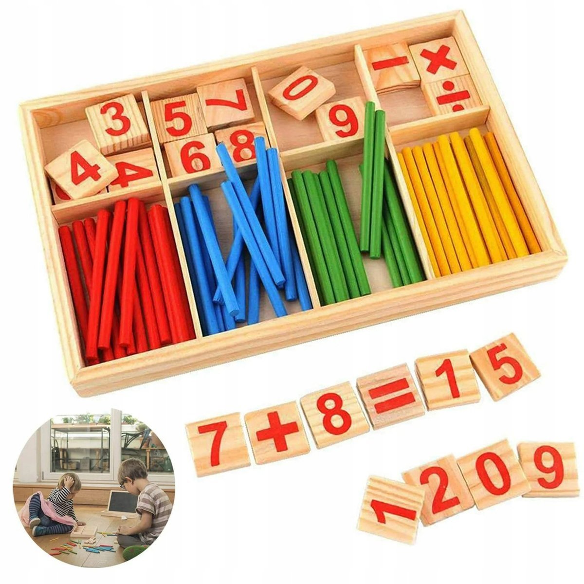 PATYCZKI do LICZENIA w skrzynce CYFERKI znaki matematyczne EKO DREWNO