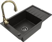 Zlewozmywaki z baterią - Mexen Elias zlewozmywak granitowy 1-komorowy z ociekaczem i baterią kuchenną Savita, czarny/złoty metalik - 6511-75-672601-50-B - miniaturka - grafika 1