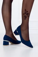 Czółenka - Granatowe czółenka damskie na niskim ozdobnym obcasie klocku skórzana wkładka Casu D212X6-N-37 - miniaturka - grafika 1