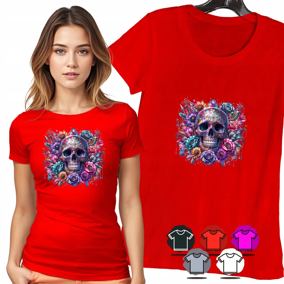 KOSZULKA DAMSKA T-SHIRT - CZASZKA KOLOROWE RÓŻE KWIATOWY WZÓR DAMSKI - S