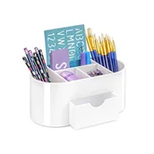 Pojemniki biurowe - OSCO Organizer na biurko z tworzywa sztucznego o wysokim połysku z szufladą, porządek na biurku, pojemnik na długopisy, pojemnik na przybory do makijażu, 6 przegródek, ekspozycja kosmetyków, pojemnik - miniaturka - grafika 1