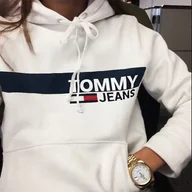 Bluzy damskie - ﻿Bluza Damska Tommy Hilfiger Hoodie biała z kapturem Kangurka sklep S - miniaturka - grafika 1