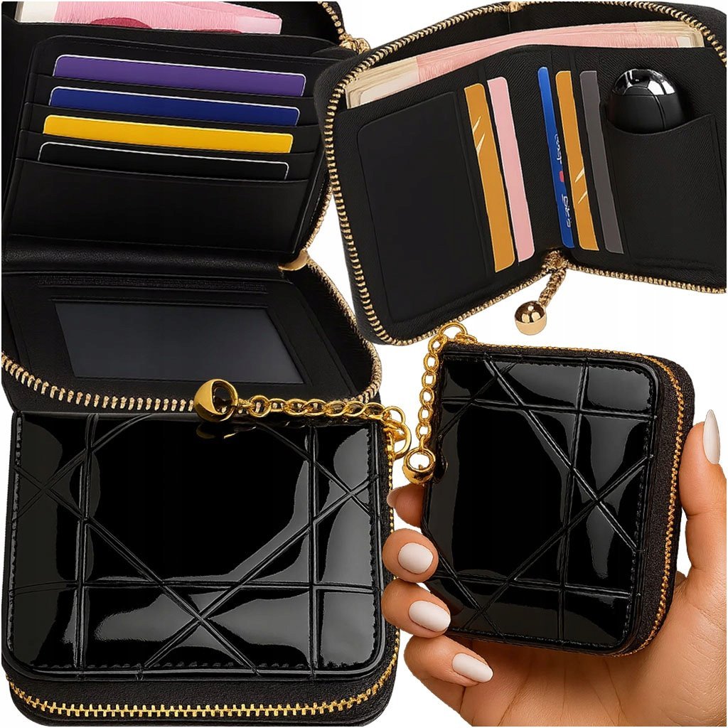 Pikowany Damski portfel skórzany PORTMONETKA mały CZARNY Lakierowany