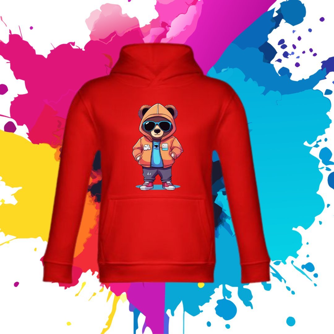 Bluza dziecięca typu kangurka z kapturem w kolorze czerwonym z nadrukiem Miś Leszek 8 lat