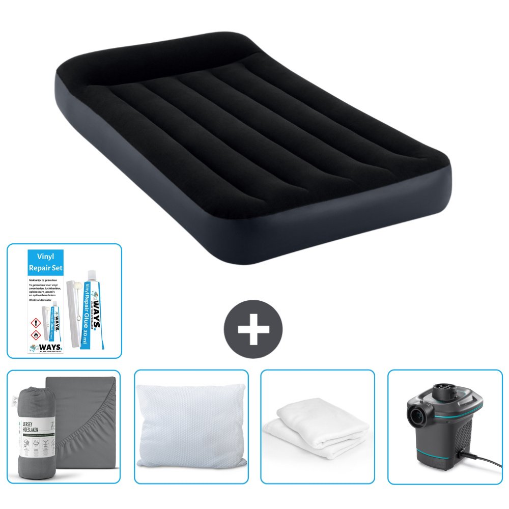 Dmuchane łóżko Intex - 1 osoba - 99 x 191 x 25 cm - Ciemnoniebieski - W zestawie Prześcieradło - Pocałunek - Pompka - Zestaw naprawczy en Ochraniacz na poduszkę