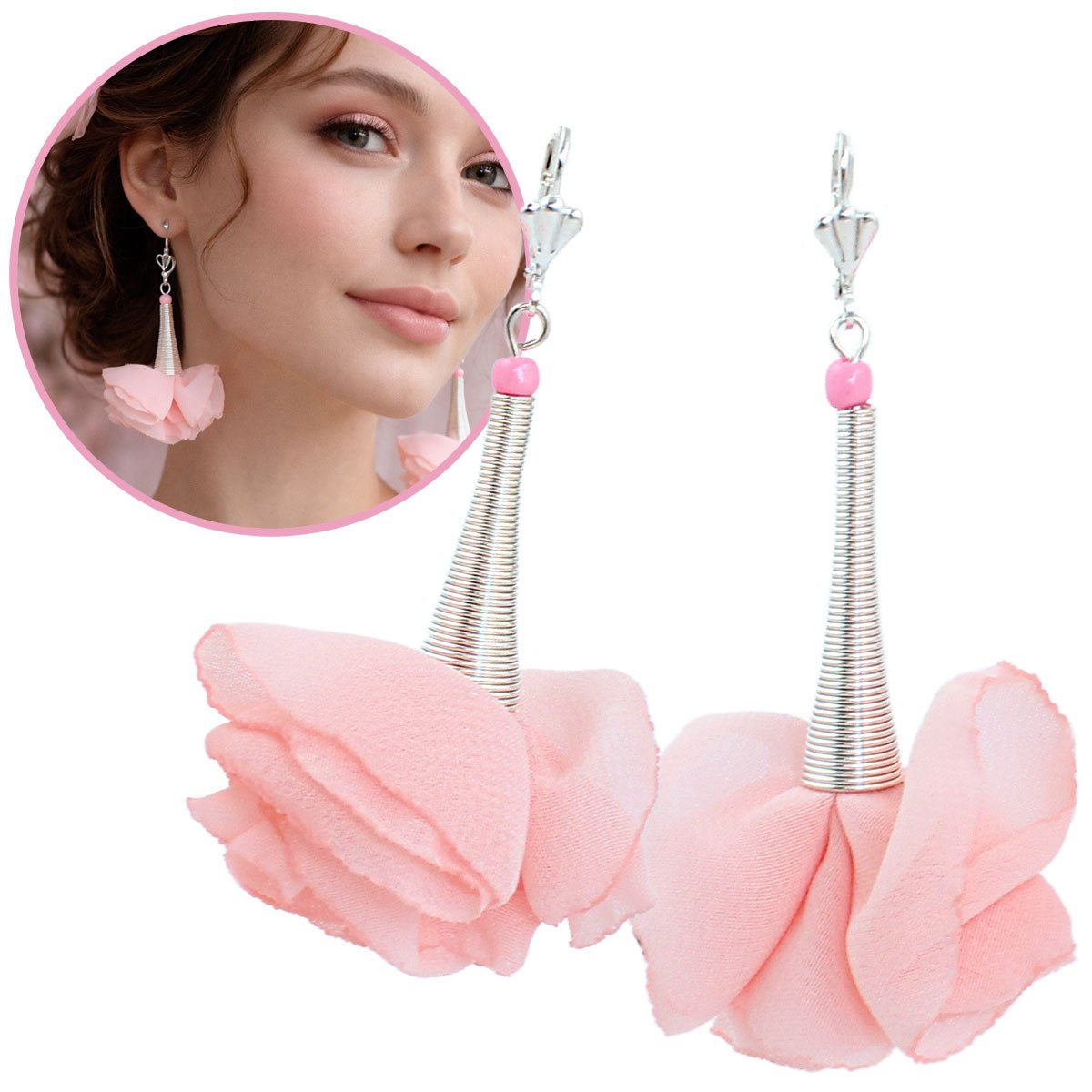 Długie Kolczyki Kwiaty Pudrowy Róż Wiszące Srebrne Bigle Lekkie
