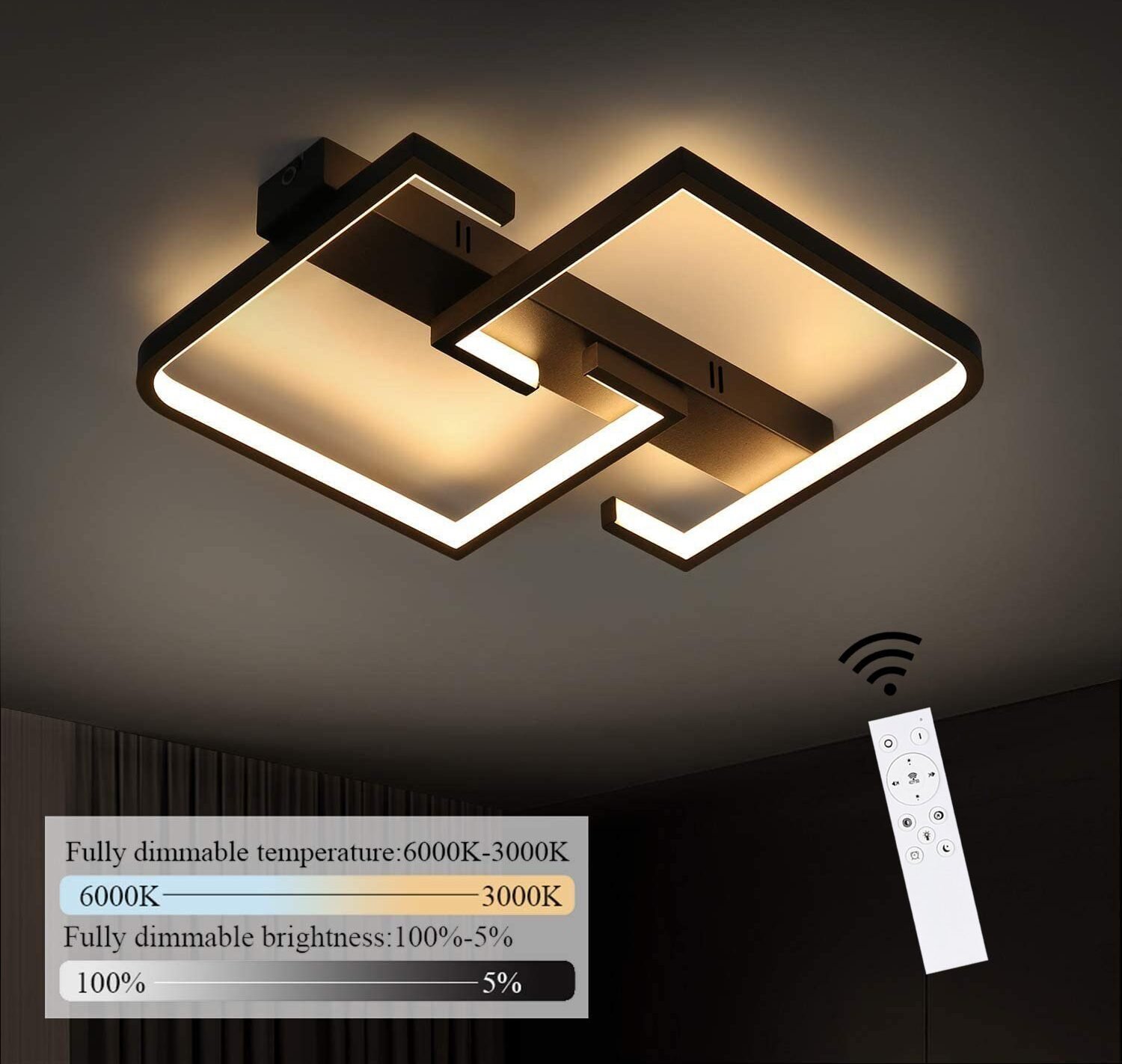 ZMH LED lampa sufitowa LED 35W czarna lampa do salonu ściemnialna z pilotem do sypialni stół jadalny biuro korytarz