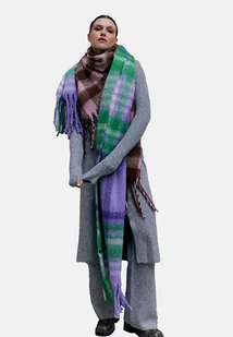 Szal fioletowo-zielony w kratę z frędzlami - Apaszki i szaliki damskie - miniaturka - grafika 1