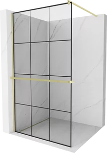 Mexen Kioto+ ścianka prysznicowa z półką Walk-in 100 x 200 cm, czarny wzór, złota szczotkowana - 800-100-121-55-77 - Ścianki i drzwi prysznicowe - miniaturka - grafika 1