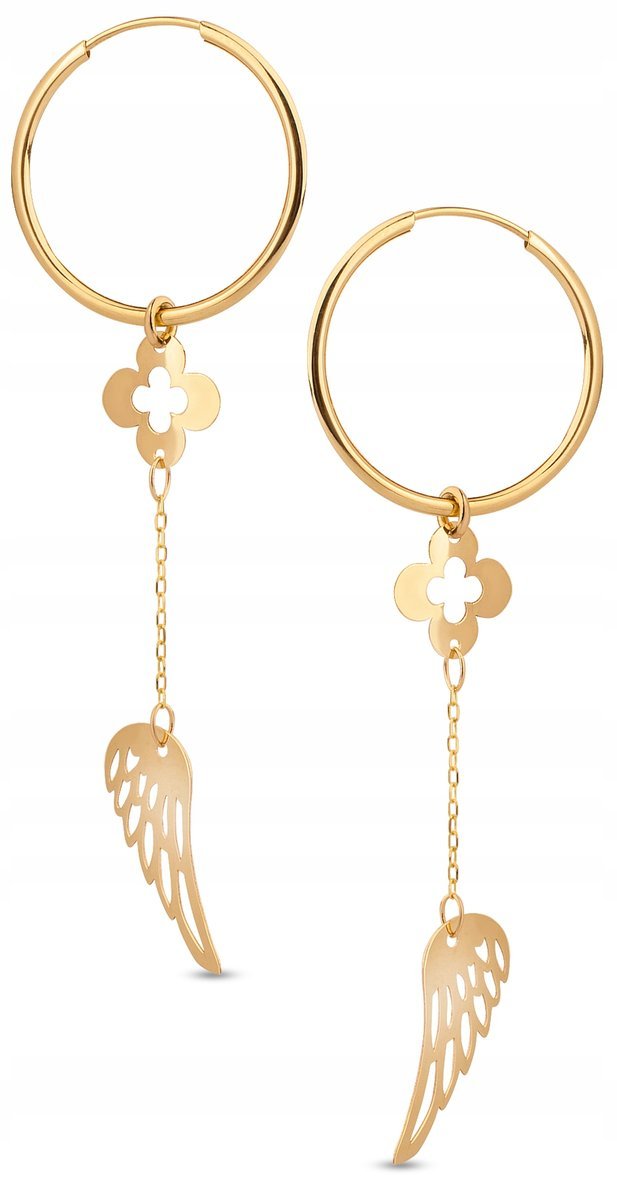 ZŁOTE KOLCZYKI KOŁA Z ZAWIESZKĄ SKRZYDŁA KWIAT 585