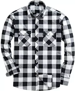 Koszule męskie - siliteelon Koszula flanelowa męska bawełniana koszula w kratkę Męska koszula z długim rękawem Regular Fit Casual Plaid Shirt, Czarny - biały, XL - grafika 1