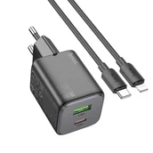 Ładowarki do telefonów - HOCO ładowarka sieciowa USB A + typ C + kabel Typ C do Lightning PD QC 3A 20W N41 czarna - miniaturka - grafika 1