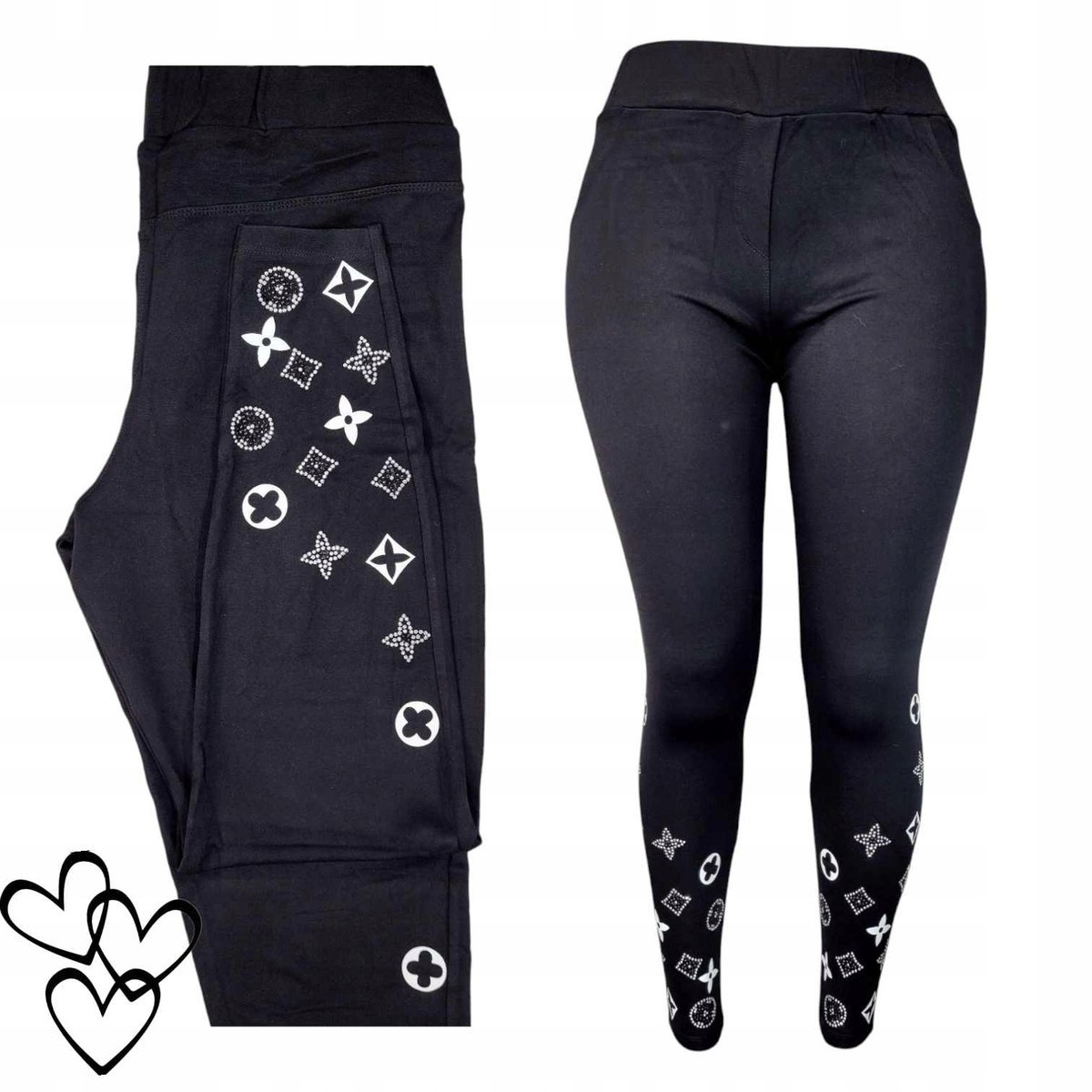LEGINSY BAWEŁNIANE ZDOBIONE kwiaty WYSOKI STAN cyrkonie czarne 46 48 3XL 09