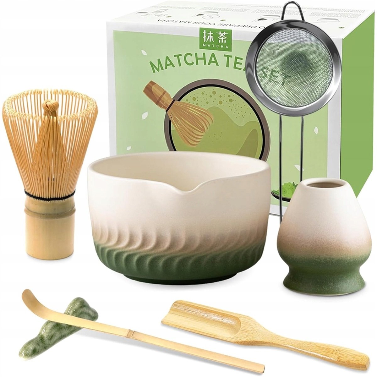 Zestaw akcesoriów do matcha 7 elementów bambusowo-ceramiczny zielony