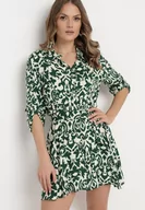 Sukienki - Beżowo-Zielona Koszulowa Sukienka Mini z Wiskozy w Ornamentalny Wzór Virilassa - miniaturka - grafika 1