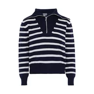 Swetry damskie - Dreimaster maritim Damski sweter z dzianiny w paski z zamkiem błyskawicznym i granatowym dekoltem, granatowy, wełniany, białe paski, rozmiar XL/XXL, Ciemno-granatowe białe paski, XL - miniaturka - grafika 1