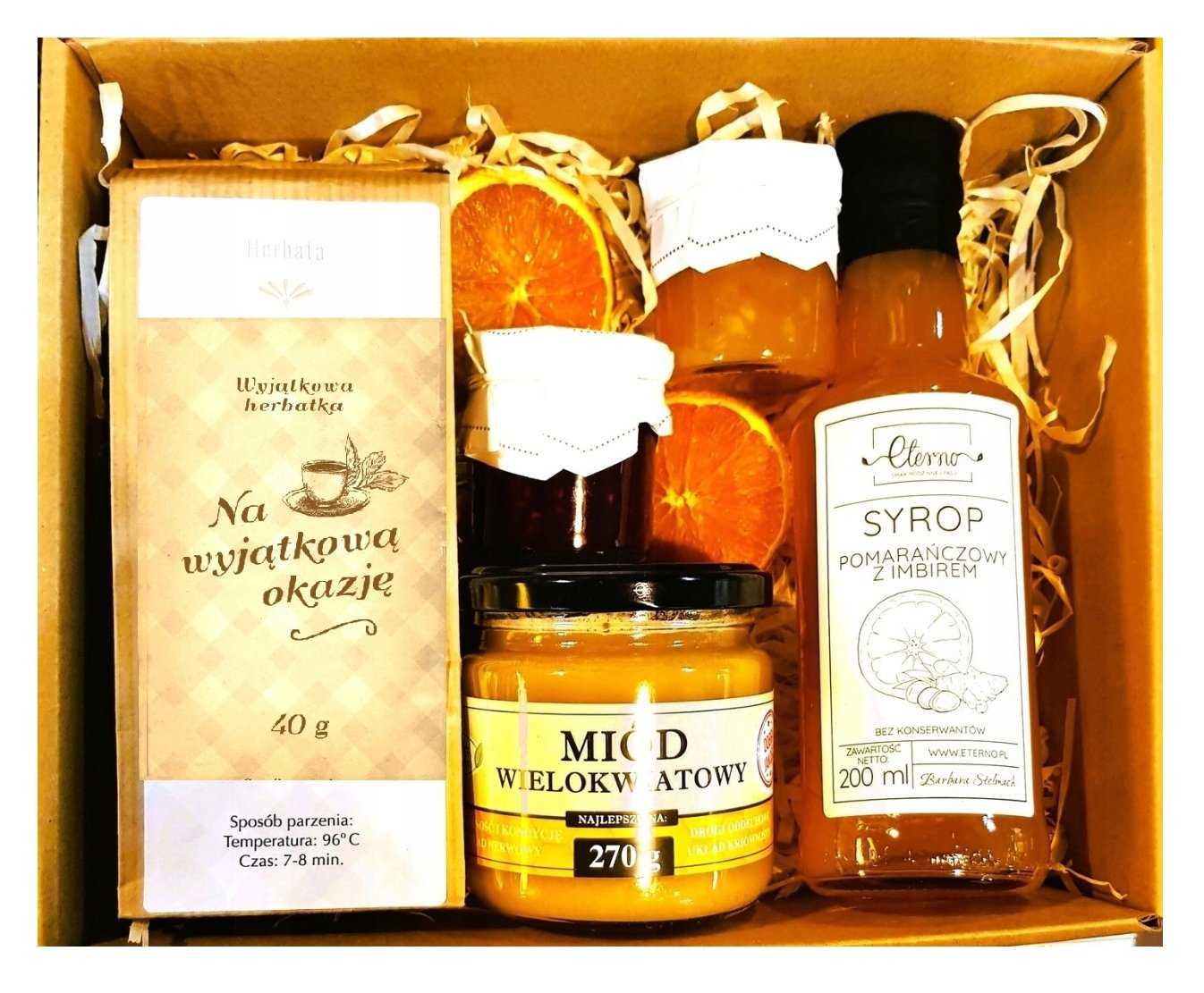 Kosz Box Zestaw Prezentowy Herbata Konfitury Miód Syrop Pomarańcza
