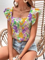 Bluzki damskie - Top damski w kwiaty - Wielokolorowy - miniaturka - grafika 1