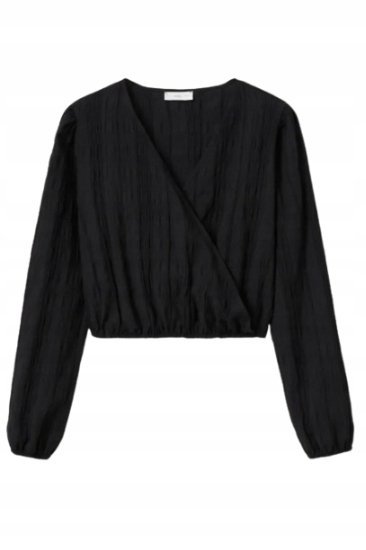 Mango Czarna Bawełniana Bluzka Z Długim Rękawem I Dekoltem V 165 Kyb