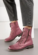 Botki damskie - Bordowo-Różowe Botki Workery Zdobione Suwakiem i Wężowym Tłoczeniem Vemindra - miniaturka - grafika 1