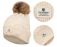 Czapki damskie - Czapka zimowa damska z pomponem beżowa PETERSON ze srebrną nitką cieplutka - miniaturka - grafika 1