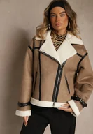 Kurtki damskie - Ciemnobeżowa Kurtka Ramoneska w Stylu Biker z Kożuszkiem i Sprzączkami Mendrie - miniaturka - grafika 1