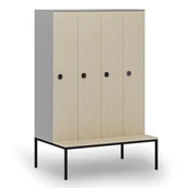 Szafy biurowe - Drewniana szafa ubraniowa z ławką, 4-drzwiowa, 1871 x 1200 x 500/800 mm, zamek kodowy, szary/brzoza - miniaturka - grafika 1