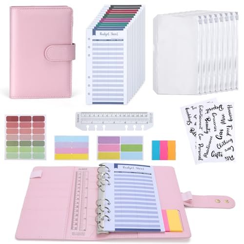 Euqvunn Budget Binder, Budget Planner A6 z kopertami na gotówkę, regulowane zapięcia, portfel do oszczędzania pieniędzy, dla organizatora pieniędzy, segregator A6 książeczka oszczędnościowa - Różowy