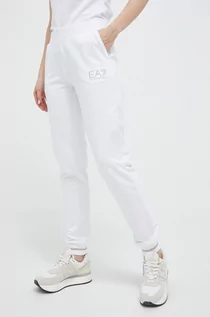 Spodnie damskie - EA7 Emporio Armani spodnie dresowe kolor biały z nadrukiem - grafika 1
