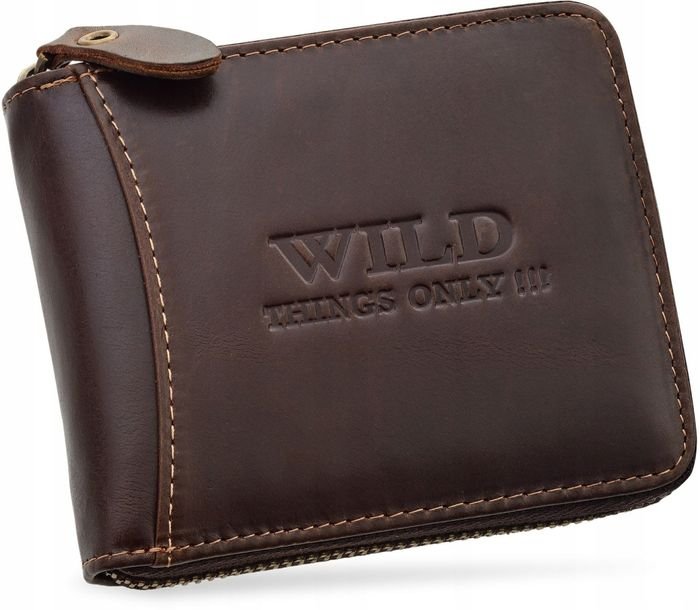 Skórzany PORTFEL Męski Zamek Suwak Skóra WILD Brązowy Solidny Duży RFID