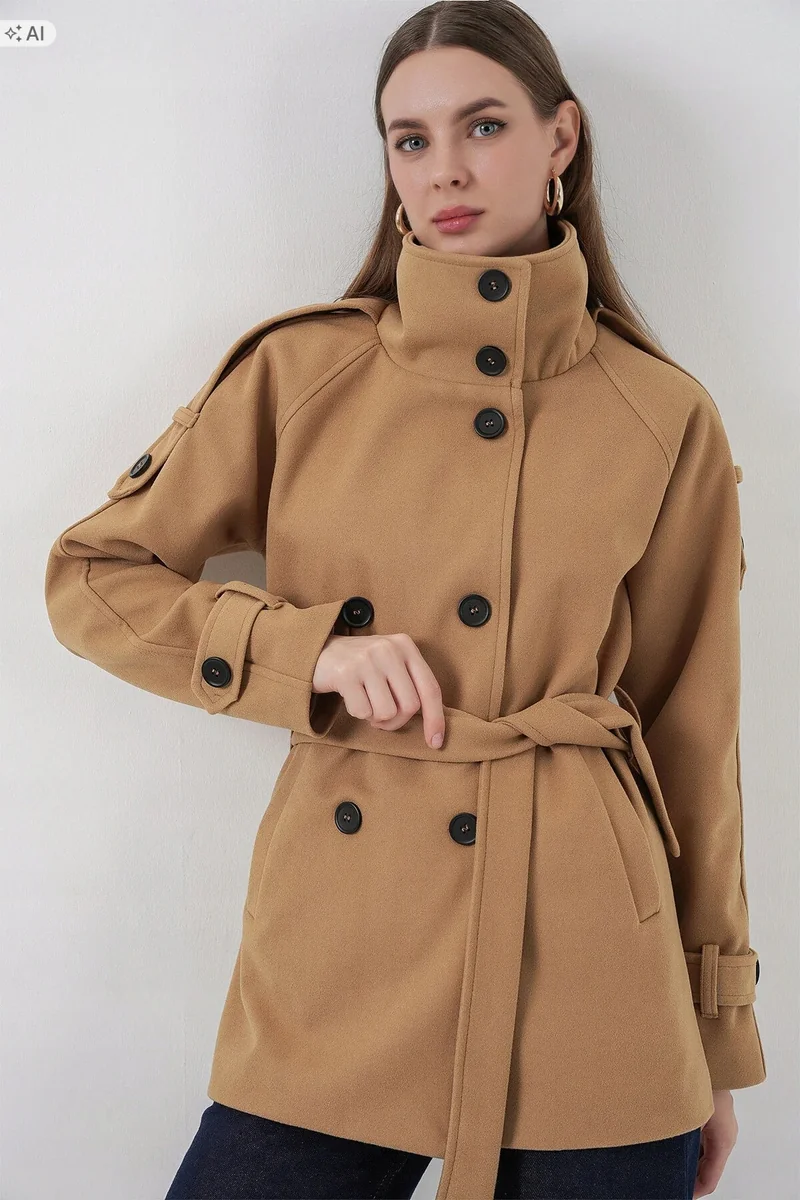 KARMELOWY PŁASZCZ Z PASKIEM ELEGANCKI W STYLU OVERSIZE 38 5IA
