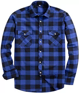 Koszule męskie - siliteelon Koszula flanelowa męska bawełniana koszula w kratkę Męska koszula z długim rękawem Regular Fit Casual Plaid Shirt, Niebieski - czarny, S - grafika 1