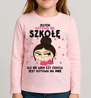 Koszulki dla dziewczynek - Różowa koszulka z długim rękawkiem dla dziewczynki - JESTEM GOTOWA NA SZKOŁĘ Z BRUNETKĄ - miniaturka - grafika 1